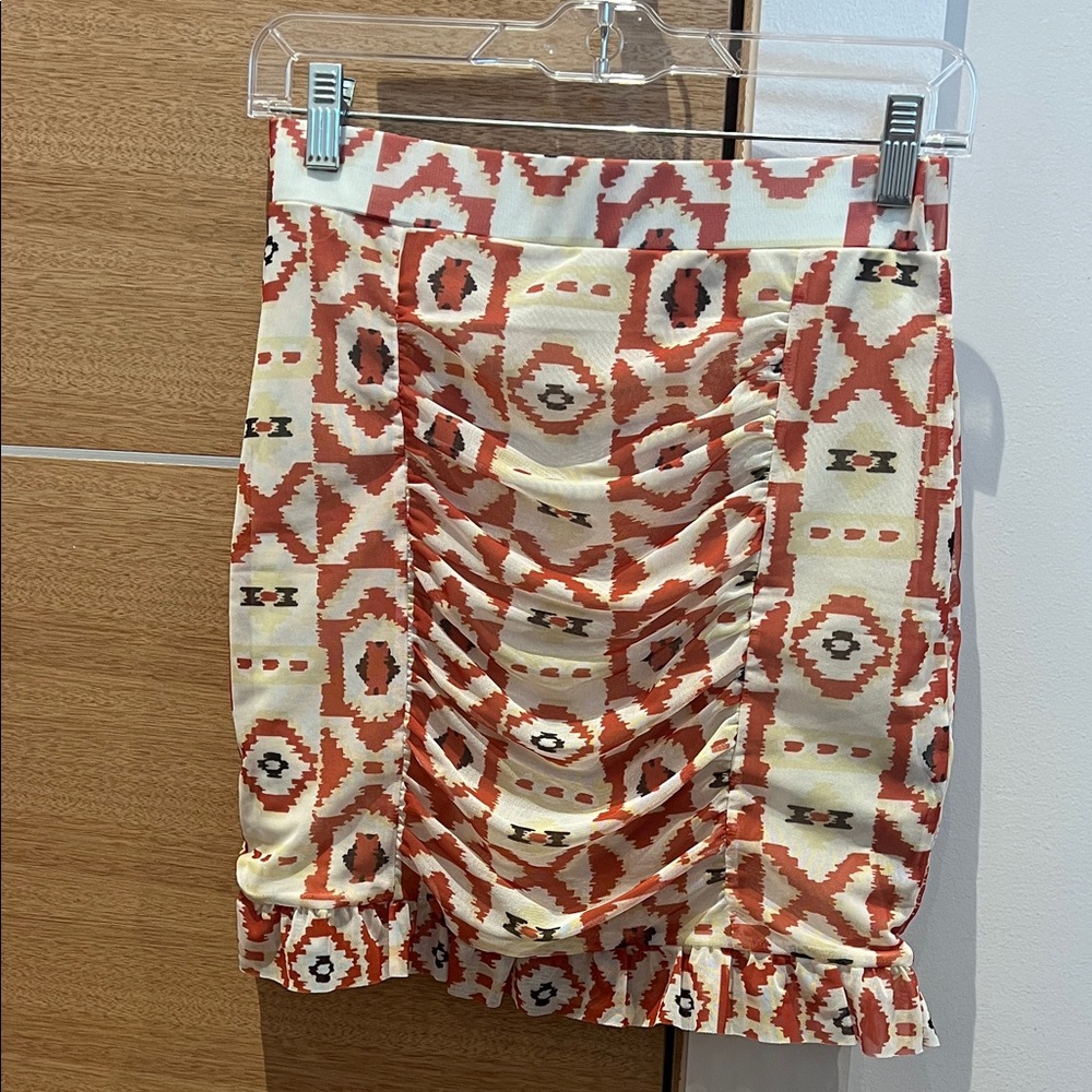 Free People Patterned Ruffle Hem Skirt - Red and Cream